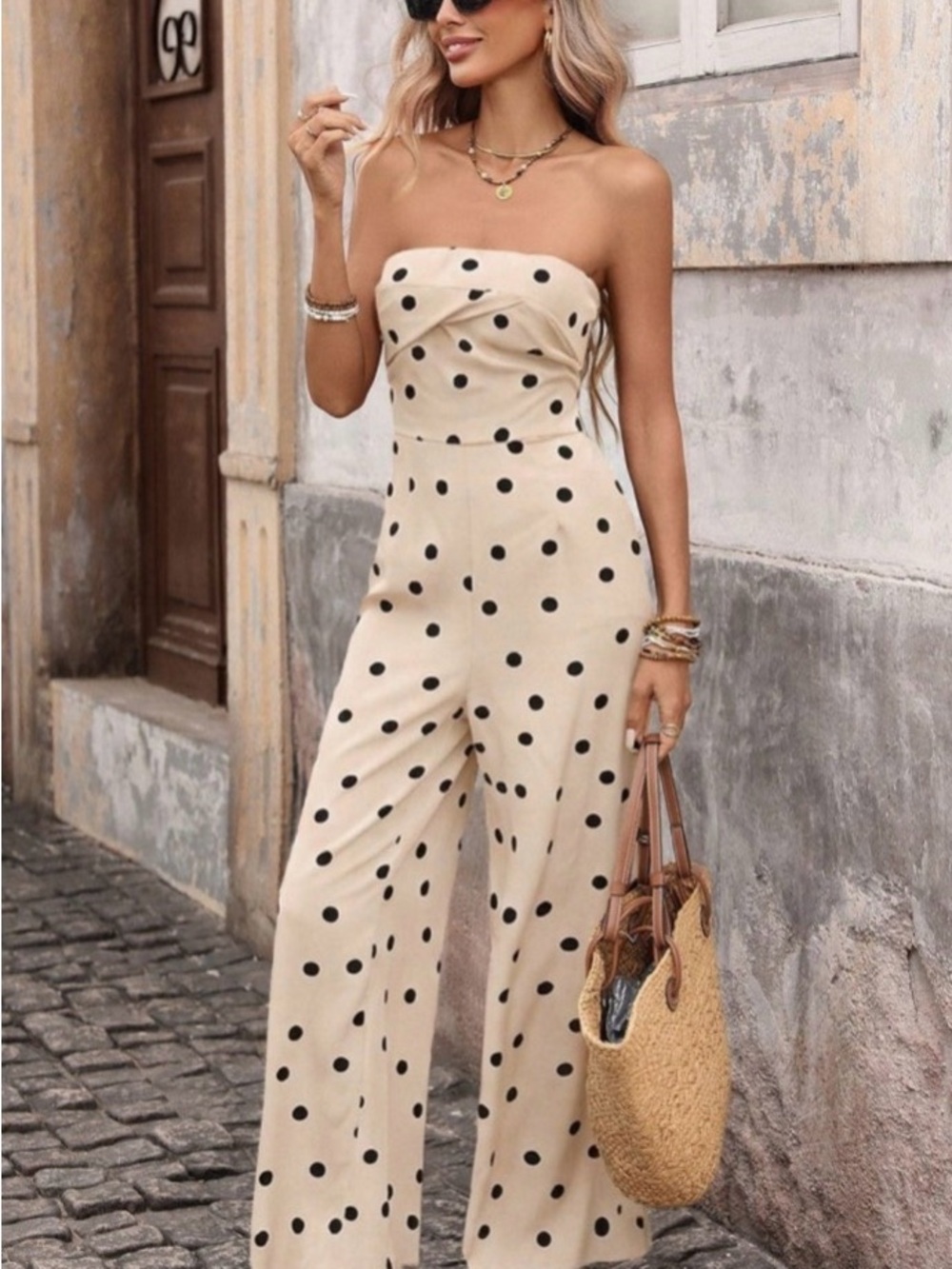 Strapless Polka Dot Wide-Leg Jumpsuit - Beige/Black